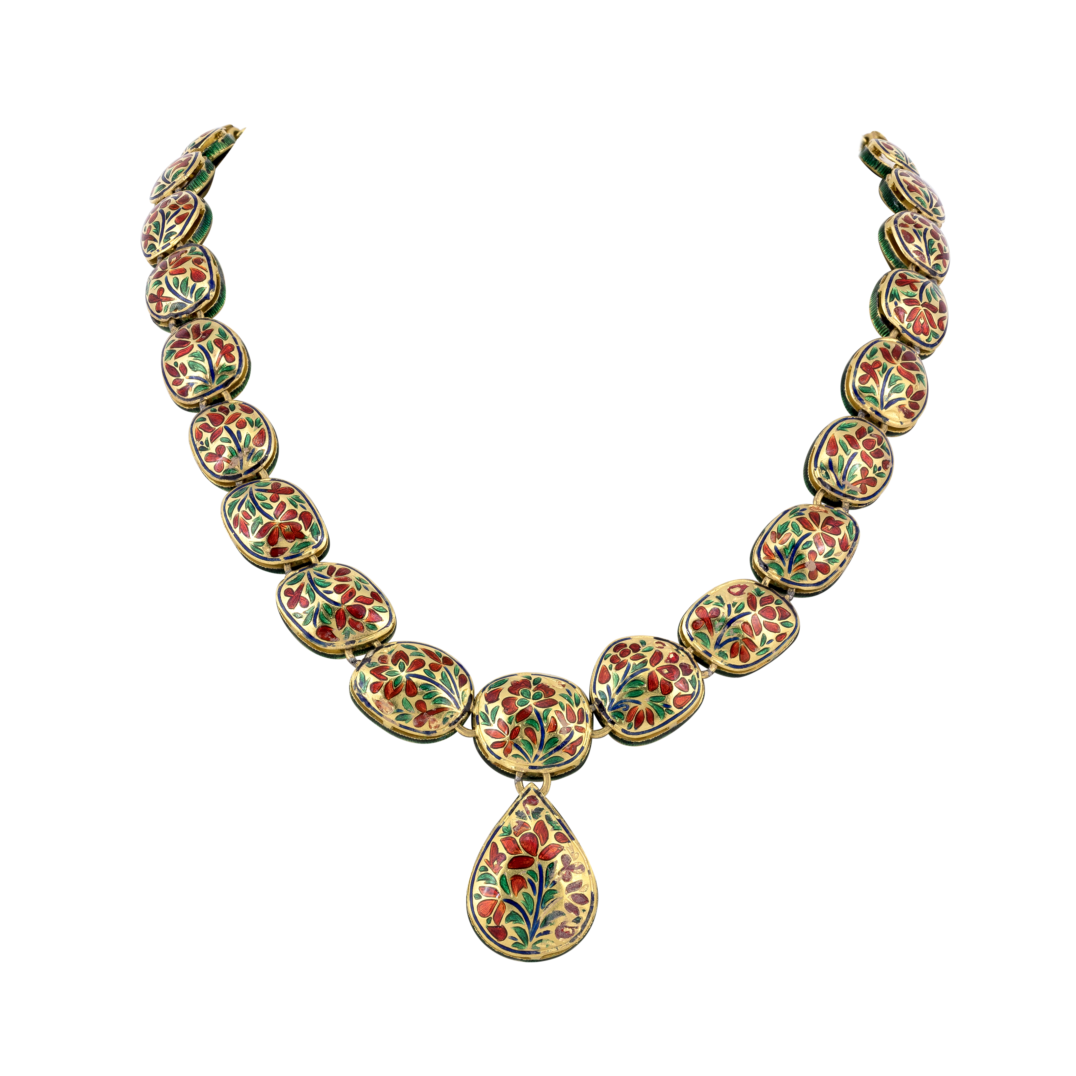 Framed Blue Enamel Polki Necklace with Central Teardrop Pendant